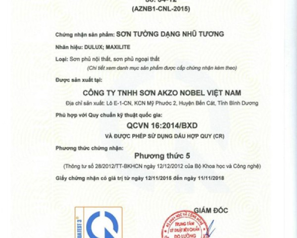 Giấy Chứng Nhận Chất Lượng Hãng Dulux