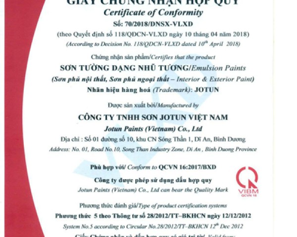 Giấy Chứng Nhận Hợp Quy Hãng Jotun